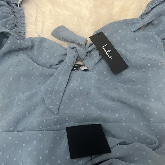 Be a Dear Slate Blue Swiss Dot Tie-Front Skater Dress - Picture 6 of 6